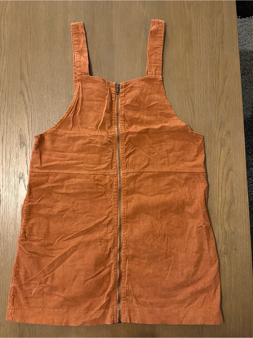 American Eagle Corduroy Zip-Front Pinafore Dress in Rust Orange